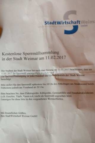 Dieser Brief, der über eine angebliche Sperrmüllentsorgung am 11. Februar in Weimar informiert, ist eine Fälschung.