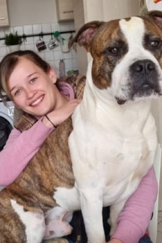 Duke (2,5) und seine Besitzerin Sabrina Naumann (27): Auch der American Staffordshire Terrier kann ein Schoßhündchen sein.