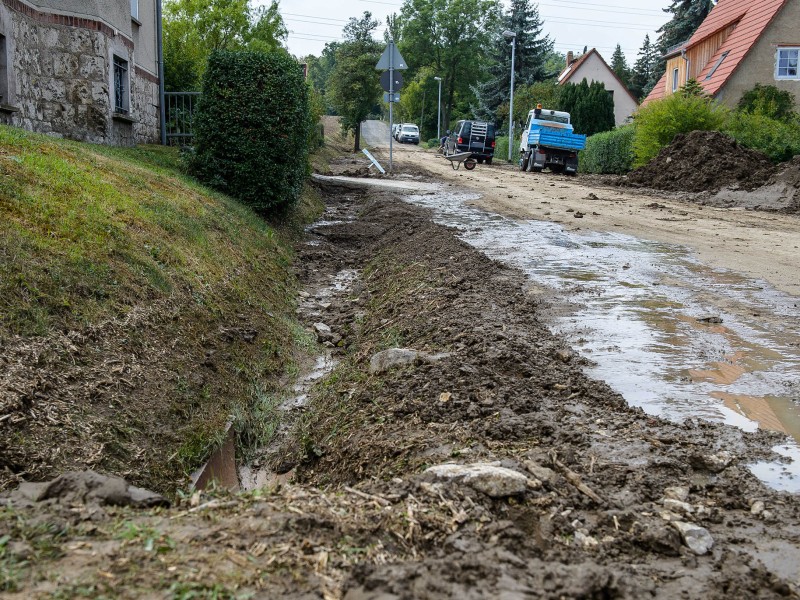 Eine Schlammlawine hat sich durch Tiefurt, einen Ortsteil von Weimar, gewälzt. Das Erdreich hatte sich am Freitagabend (17.08.2018) gelöst, als ein schweres Unwetter über die Region zog. Ein kurzer, aber heftiger Starkregen spülte das Material von einem Feld durch mehrere Grundstücke. Am Tag danach machten sich die Anwohner an die Aufräumarbeiten. Das Unwetter hatte auch an anderen Stellen in Weimar für Schäden gesorgt. So stürzte in der Innenstadt in einer Wohnung durch Wassereinbruch eine Zimmerdecke ein; von Bäumen brachen viele Äste ab, in einen davon fuhr ein Linienbus. Der Park an der Ilm sowie die Parks in Tiefurt und Belvedere wurden gesperrt.