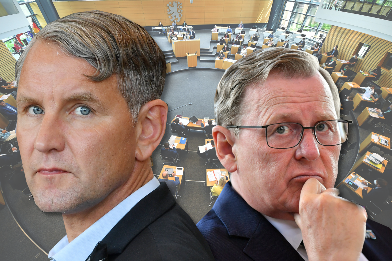 Misstrauensvotum gegen Ministerpräsident Bodo Ramelow: AfD-Fraktionschef Björn Höcke fordert ihn im Thüringer Landtag heraus.