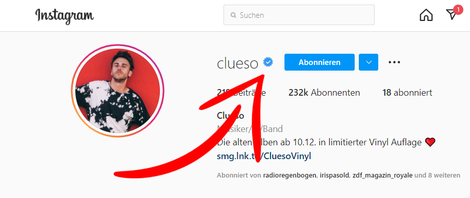 Wenn der blaue Haken fehlt, ist der Account höchstwahrscheinlich Fake.