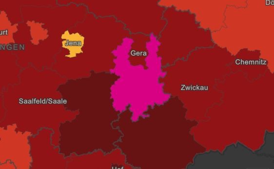 Allein der Landkreis Greiz leuchtet auf der RKI-Inzidenzkarte pinkfarben. 