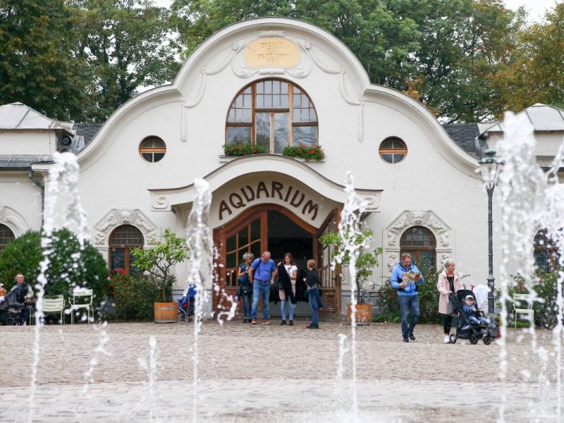 Eingang des Aquariums mit Springbrunnen im Zoo Leipzig (Symbolbild)